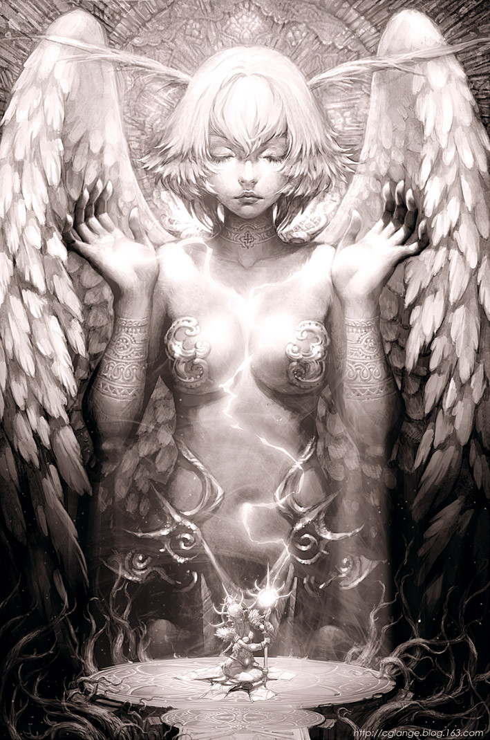 2girls angel breasts cglange closed_eyes face fantasy giant giantess kneeling lips medium_breasts monochrome multiple_girls mystic open_hands original realistic wand watermark web_address wings