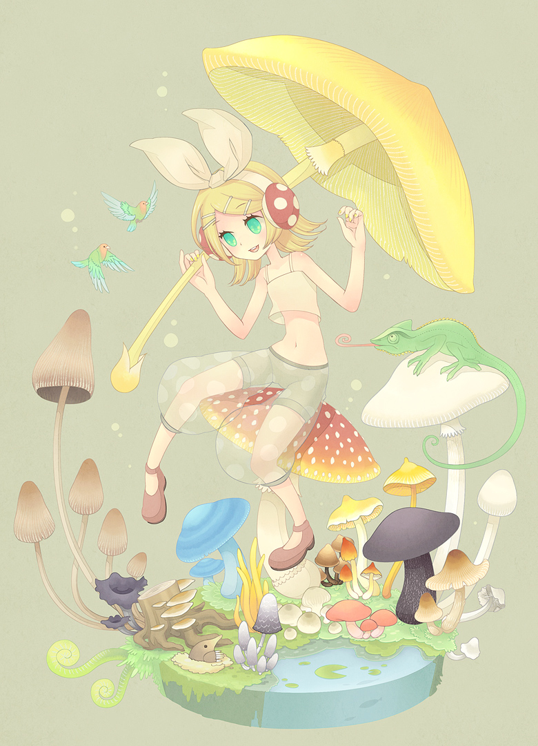 1girl aqua_eyes bird blue_eyes female_focus hair_ornament hair_ribbon hairclip kagamine_rin midriff mushroom navel ribbon short_hair shorts sitting smile solo ujuju umbrella vocaloid