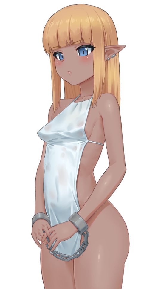 1girl apron blonde_hair blue_eyes blunt_bangs blush bound bound_wrists breasts carbon12th collarbone commentary cuffs dark-skinned_female dark_skin elf english_commentary eyelashes handcuffs long_hair naked_apron original pointy_ears simple_background small_breasts solo standing white_apron white_background