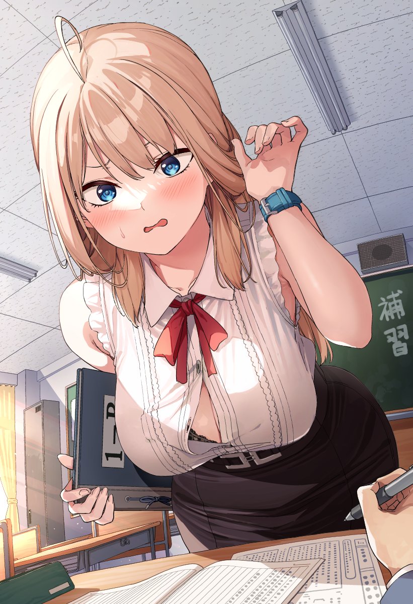 1girl ahoge anatatachi_soredemo_sensei_desu_ka! bare_shoulders belt black_bra blonde_hair blue_eyes blush bra bra_peek breasts ceiling_light chair chalkboard classroom cleavage commentary_request curtains desk embarrassed folder frilled_shirt frills highres holding holding_folder holding_pen indoors ishizaka_ryuudai large_breasts leaning_forward locker partially_unbuttoned pen red_ribbon ribbon shinozaki_kimiko shirt skirt sleeveless sleeveless_shirt solo_focus sunlight sweatdrop underwear watch white_shirt window wristwatch