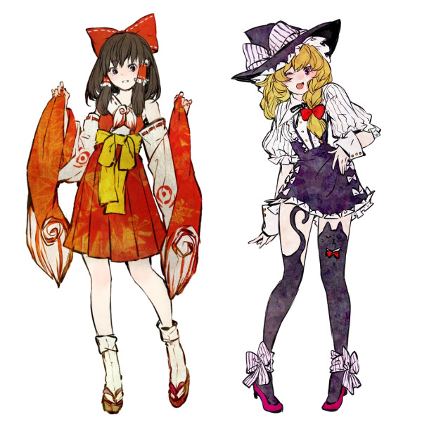 2girls adapted_costume alternate_costume blonde_hair blush bow brown_hair cat dress female_focus full_body gloves hair_bow hair_tubes hakurei_reimu hat high_heels kirisame_marisa long_hair multiple_girls one_eye_closed open_mouth purple_eyes sandals shiro_(reptil) simple_background thighhighs touhou white_background wink witch_hat