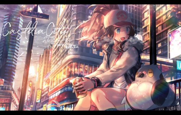 1girl bad_id bad_pixiv_id creatures_(company) day game_freak gen_5_pokemon hilda_(pokemon) long_hair naru_(andante) nintendo outdoors pidove poke_ball_symbol pokemon pokemon_(creature) pokemon_bw sitting