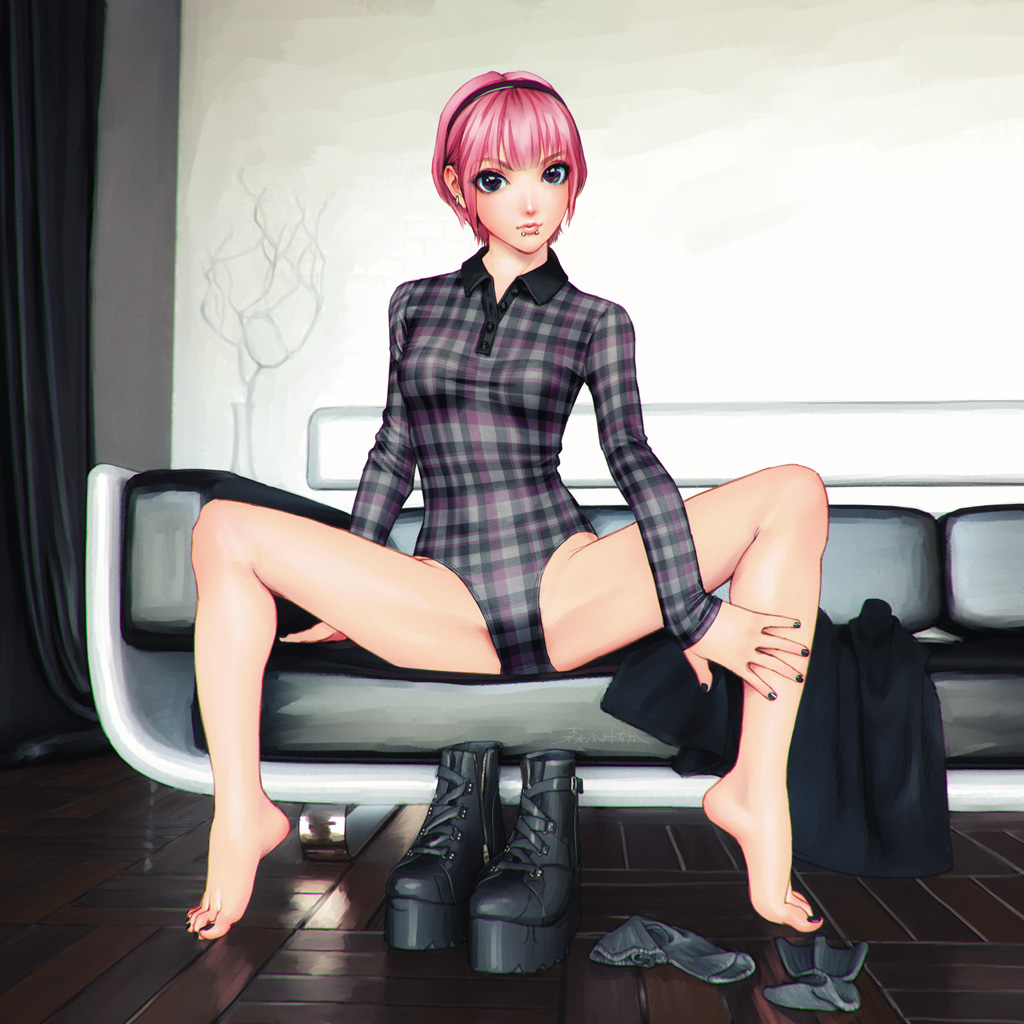 1girl barefoot black_eyes boots breasts commentary_request couch ear_piercing expressionless full_body fumichika_mori legs leotard lip_piercing looking_at_viewer original piercing pink_hair short_hair sitting skirt small_breasts solo spread_legs toes unworn_boots unworn_skirt