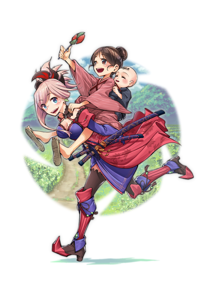 1boy 2girls blue_eyes fate/grand_order fate_(series) japanese_clothes kimono miyamoto_musashi_(fate) miyamoto_musashi_(second_ascension)_(fate) multiple_girls munaage open_mouth ponytail running sandals smile