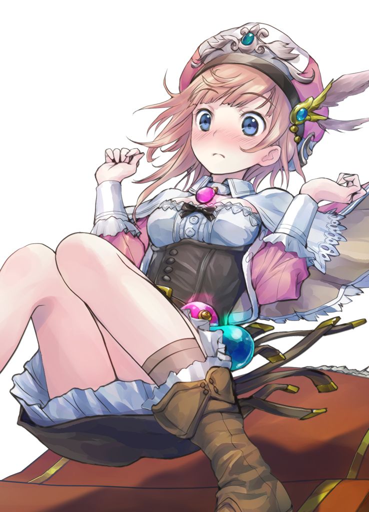 1girl ;d atelier_(series) atelier_questboard atelier_rorona black_dress blue_eyes blush boots breasts brown_footwear brown_hair capelet closed_mouth commentary_request dress embarrassed floating hands_up hat jacket long_sleeves looking_at_viewer magic_carpet nose_blush official_art one_eye_closed open_mouth pink_jacket rorolina_frixell second-party_source short_hair simple_background smile solo surprised white_background white_capelet