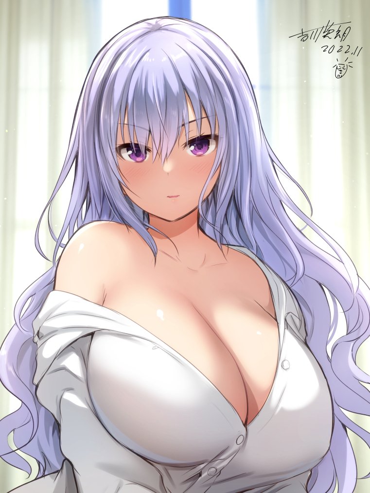 1girl breasts commentary_request curtains indoors large_breasts long_hair looking_at_viewer maou_to_ore_no_hangyakuki open_clothes open_shirt purple_eyes purple_hair shirt signature solo white_shirt yoshikawa_hideaki