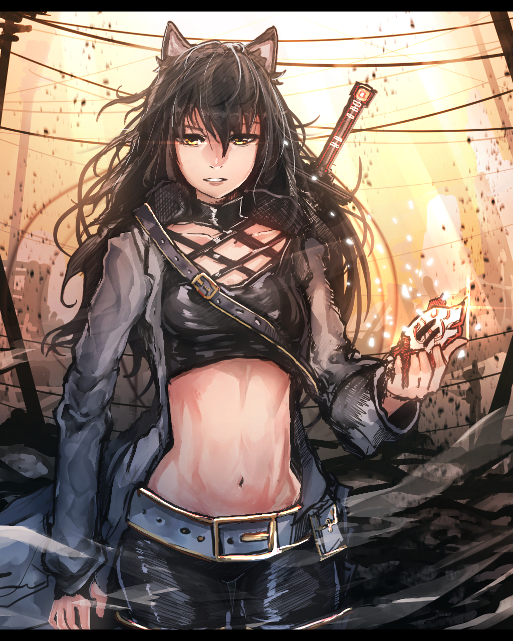 1girl advarcher animal_ears arm_at_side backlighting bad_id bad_pixiv_id belt belt_buckle black_hair black_pants black_shirt blake_belladonna breasts broken_mask buckle cat_ears collarbone combination_weapon cowboy_shot crop_top female_focus gambol_shroud grey_jacket hair_between_eyes highres holding holding_mask jacket letterboxed long_hair long_sleeves looking_at_viewer mask medium_breasts midriff navel open_clothes open_jacket pants parted_lips pistol_sword rwby shirt solo standing strap teeth thigh_gap weapon yellow_eyes