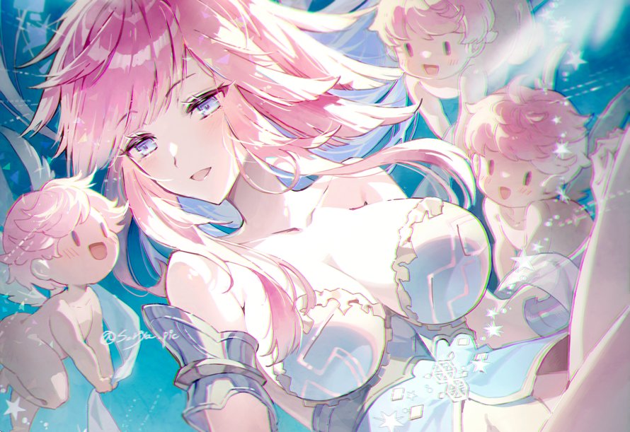 1girl armlet blue_eyes breasts cleavage cupid feather_hair gabriel_(granblue_fantasy) granblue_fantasy jewelry long_hair open_mouth pink_hair soriya