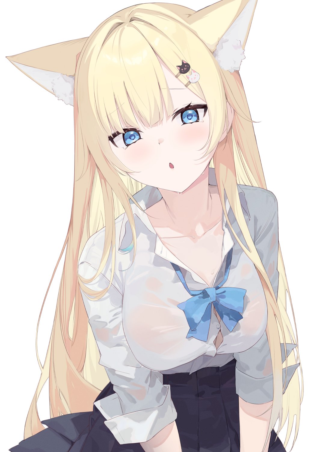 1girl :o aizawa_ema animal_ears black_skirt blonde_hair blue_eyes breasts button_gap cat_ears cat_hair_ornament collared_shirt dress_shirt hair_ornament highres large_breasts long_hair long_sleeves looking_at_viewer pleated_skirt school_uniform shirt simple_background sino_(oyasumi_hf) skirt sleeves_rolled_up solo tearing_up very_long_hair virtual_youtuber vspo! wet white_background white_shirt wing_collar