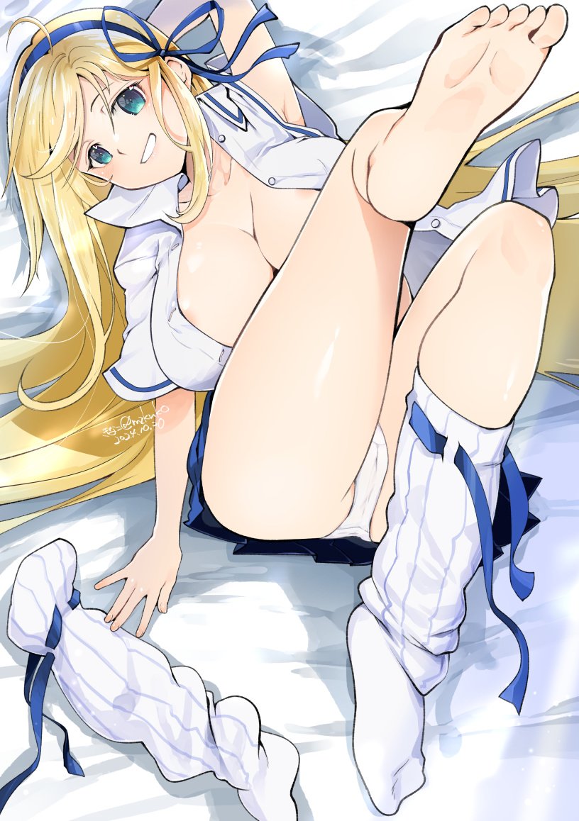 1girl areola_slip arm_behind_head armpits artist_name ass blonde_hair blue_ribbon blush breasts cameltoe cleavage collarbone dated feet foot_focus green_eyes hair_ribbon katsuragi_(senran_kagura) kinako_(mzknk0) large_breasts long_hair looking_at_viewer lying miniskirt no_bra on_back open_clothes open_shirt panties pleated_skirt ribbon ribbon-trimmed_socks ribbon_trim senran_kagura senran_kagura_new_link senran_kagura_shoujo-tachi_no_shin&#039;ei shirt signature single_bare_foot single_sock single_sock_removed skirt smile socks solo twitter_username underwear unworn_socks white_panties