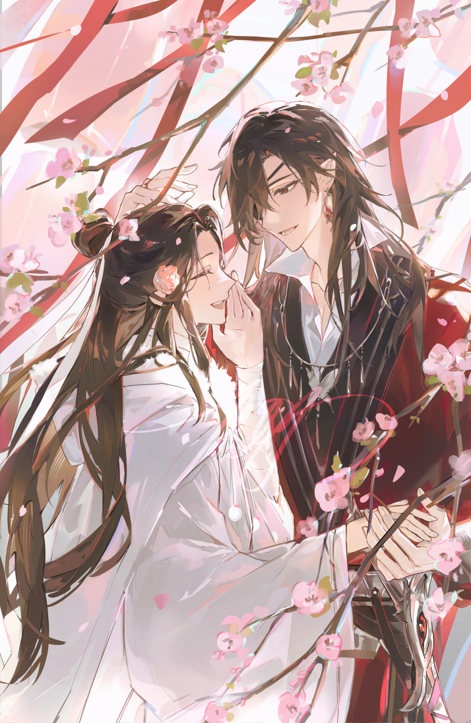 2boys bandages black_hair chinese_clothes closed_eyes eyepatch falling_petals flower hair_bun hair_over_one_eye hand_up hanfu headband highres holding_hands hua_cheng long_hair looking_at_another mors_gn multiple_boys petals pink_flower pink_petals pointy_ears red_ribbon ribbon shirt single_hair_bun smile tianguan_cifu watermark white_hanfu white_headband white_shirt xie_lian