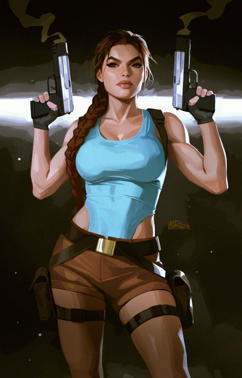 1girl aqua_leotard belt braid braided_ponytail breasts brown_eyes brown_hair brown_shorts cleavage fingerless_gloves gloves gun highres holding holding_gun holding_weapon lara_croft leotard lips long_hair looking_at_viewer shorts tank_top tomb_raider voidbringerr weapon