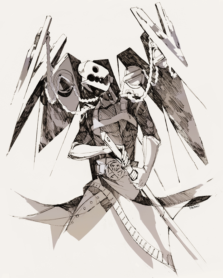 artist_name atlus chain gloves hamau harness megami_tensei monochrome no_humans persona persona_3 shin_megami_tensei sketch skull_and_crossbones sword thanatos_(persona) weapon