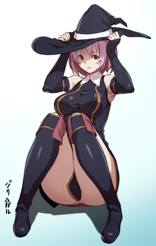 10s 1girl bare_shoulders black_footwear black_gloves black_hat boots breasts brown_eyes collared_dress detached_sleeves dress elbow_gloves female_focus fingerless_gloves gloves hai_to_gensou_no_grimgar hat houtengeki knee_boots knees_up large_breasts looking_at_viewer panties pantyshot pink_hair shihoru_(grimgar) short_hair shy sitting solo underwear witch_hat