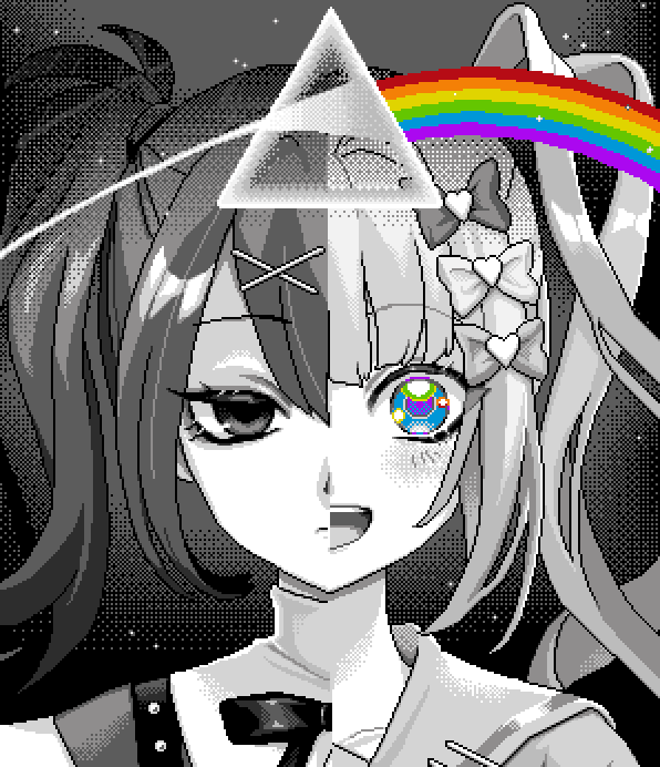 1girl ame-chan_(needy_girl_overdose) blue_eyes bow chouzetsusaikawa_tenshi-chan closed_mouth commentary dark_side_of_the_moon dual_persona eencya english_commentary expressionless hair_bow hair_ornament heart heart_hair_ornament long_hair looking_at_viewer multicolored_hair multiple_hair_bows needy_girl_overdose official_art open_mouth pink_floyd pixel_art portrait rainbow sailor_collar second-party_source shirt smile solo split_screen split_theme spot_color triangle x_hair_ornament