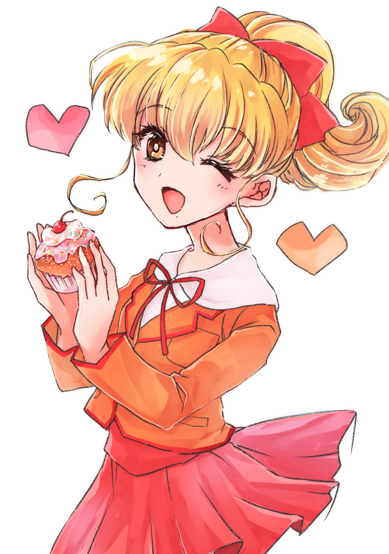 1girl ;d asaesaya blonde_hair bow bowtie brown_eyes cherry cupcake food fruit hair_bow heart high_ponytail holding holding_food looking_at_viewer moriya_ririka nurse_angel_ririka_sos one_eye_closed open_mouth orange_shirt ponytail red_bow red_skirt shirt short_hair sidelocks simple_background skirt smile solo upper_body white_background