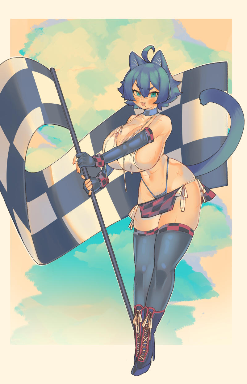 1girl animal_ears aqua_eyes bikini black_hair blue_hair blush body_scar boots breasts detached_sleeves fang fingerless_gloves flag gloves high_heels highres huge_breasts jewelry mole mole_on_breast mole_under_mouth necklace original panties pincerpencil race_queen scar shoelaces short_hair skirt swimsuit tail underwear