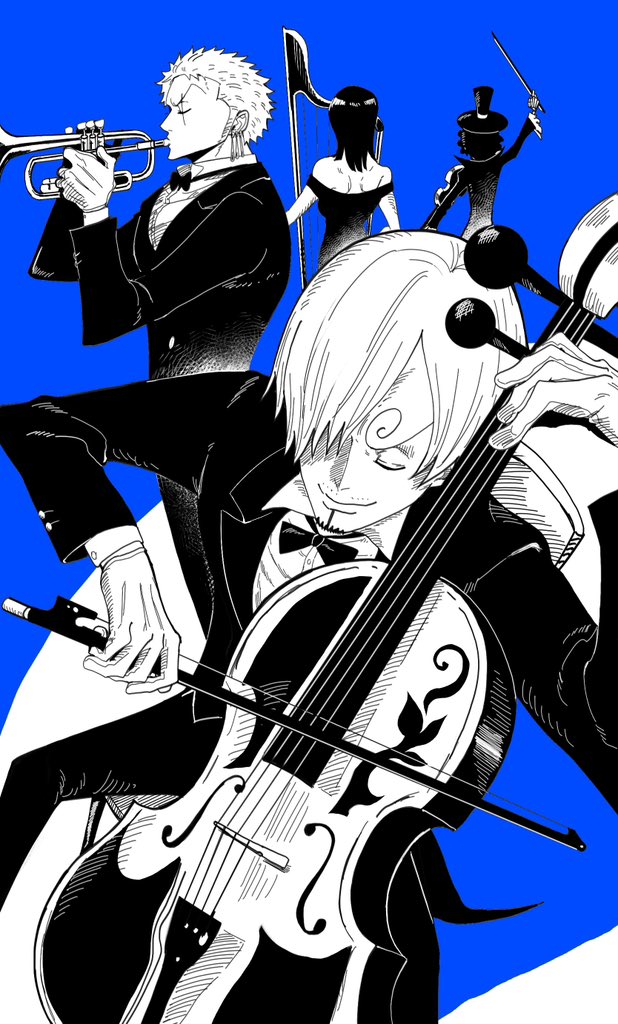 1girl 3boys afro back blue_background bow_(music) brook_(one_piece) cello closed_eyes commentary_request curly_eyebrows earrings facial_hair goatee greyscale_with_colored_background harp hat holding holding_bow_(music) holding_instrument holding_trumpet holding_violin instrument jewelry mrjieshisu multiple_boys mustache_stubble nico_robin one_piece profile roronoa_zoro sanji_(one_piece) scar scar_across_eye stubble trumpet v-shaped_eyebrows violin