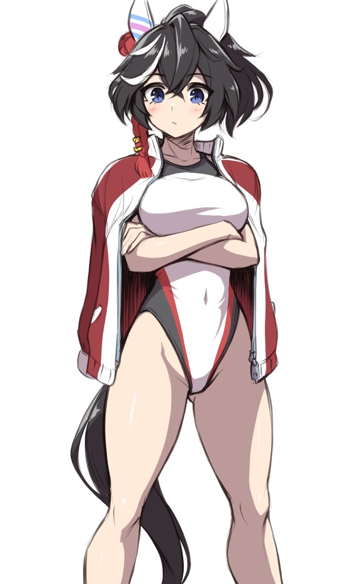 1girl animal_ears black_hair black_one-piece_swimsuit blue_eyes blush breasts covered_navel ear_covers hair_between_eyes hair_ornament highleg highleg_one-piece_swimsuit highres horse_ears horse_girl horse_tail jacket katsuragi_ace_(umamusume) looking_at_viewer medium_hair multicolored_clothes multicolored_hair multicolored_swimsuit one-piece_swimsuit pataneet ponytail red_one-piece_swimsuit simple_background solo streaked_hair swimsuit tail tassel tassel_hair_ornament umamusume white_background white_hair white_one-piece_swimsuit