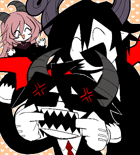 1girl 2boys anger_vein black_dress black_hair demon_boy demon_girl demon_horns dress father_and_son formal_clothes funamusea funamusea_(artist) glasses horns lil_(funamusea) lowres mother_and_son multiple_boys pink_hair satanick_(funamusea) suit sutare_yume