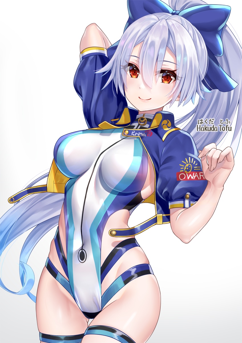 1girl arm_behind_head arm_up blue_bow blue_jacket blue_one-piece_swimsuit blush bow breasts closed_mouth competition_swimsuit covered_navel fate/grand_order fate_(series) hair_bow hakuda_tofu highleg highleg_one-piece_swimsuit highres jacket large_breasts long_hair looking_at_viewer one-piece_swimsuit ponytail red_eyes short_sleeves simple_background smile swimsuit thighs tomoe_gozen_(fate) tomoe_gozen_(swimsuit_saber)_(fate) tomoe_gozen_(swimsuit_saber)_(first_ascension)_(fate) two-tone_swimsuit white_background white_one-piece_swimsuit