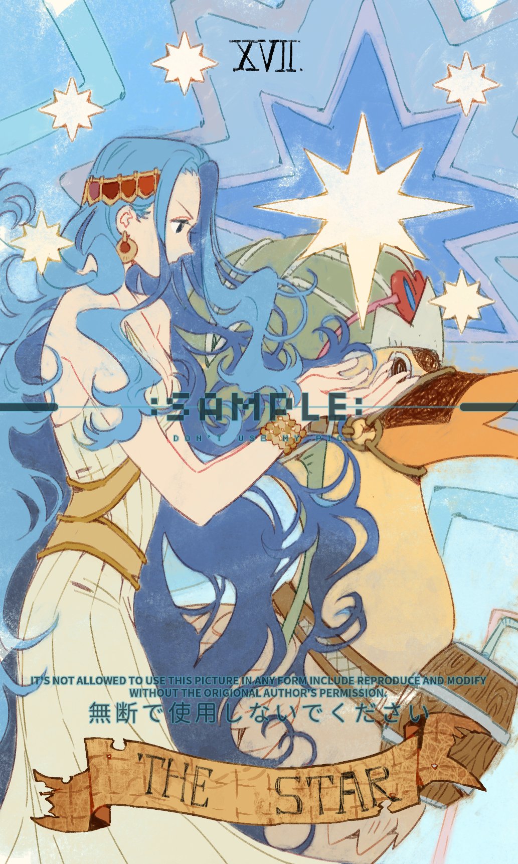 1girl bird blue_hair bracelet commentary dress duck earrings english_commentary goggles goggles_on_headwear hat highres jewelry karoo_(one_piece) long_hair looking_ahead nefertari_vivi one_piece profile sample_watermark sidelocks siyangou49 star_(symbol) watermark white_dress