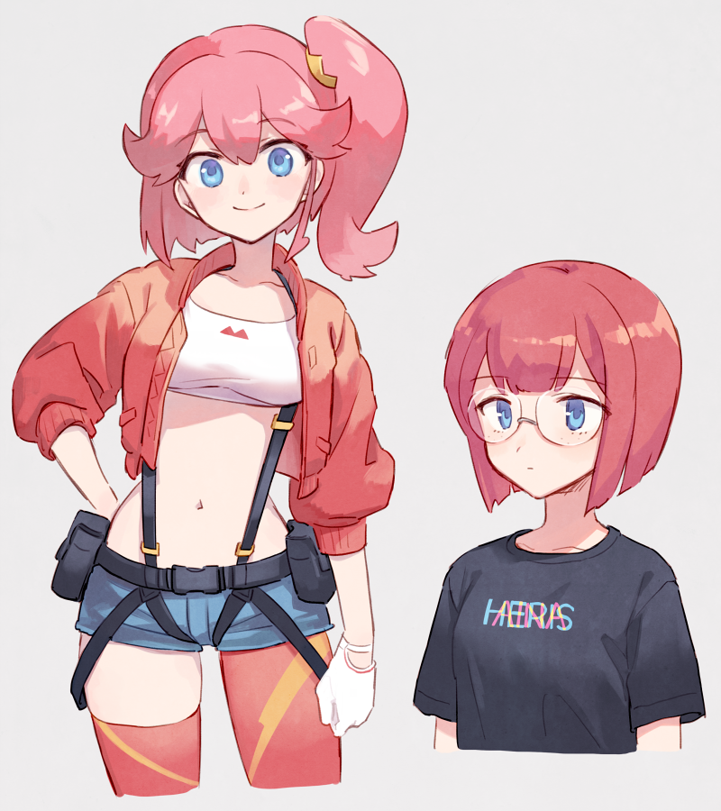 2girls aina_ardebit asymmetrical_legwear belt_pouch blue_eyes breasts cropped_jacket glasses gloves hand_on_own_hip heris_ardebit jacket looking_at_viewer medium_breasts midriff multiple_girls navel pink_hair pouch promare red_jacket red_legwear shirt short_hair short_shorts shorts siblings side_ponytail sisters small_breasts smile soto suspenders t-shirt uneven_legwear white_gloves