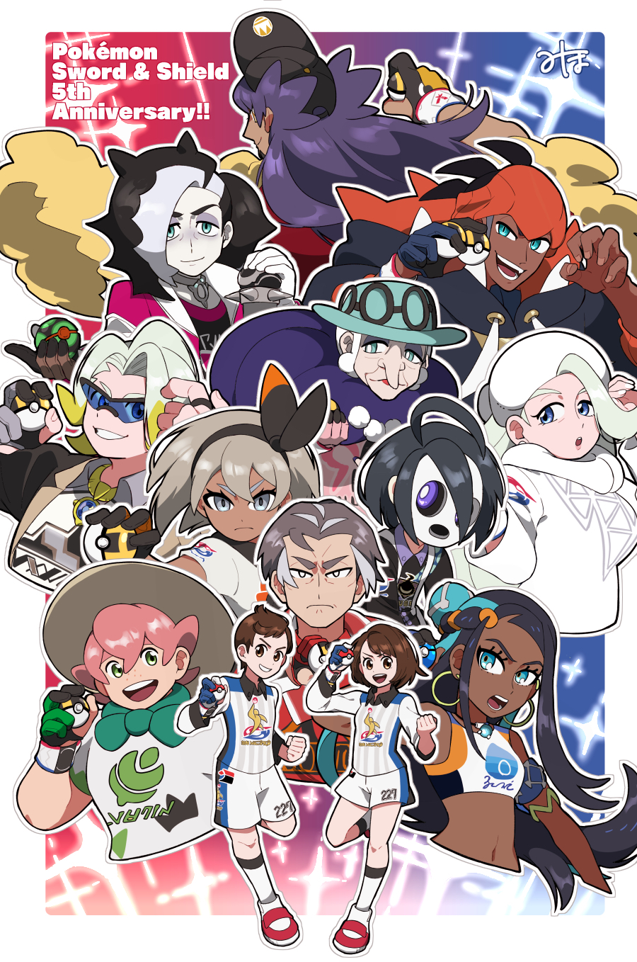 5girls 6+boys :d ahoge allister_(pokemon) anniversary bea_(pokemon) black_hair bow_hairband closed_mouth collared_shirt commentary_request copyright_name creatures_(company) dark-skinned_female dark_skin dynamax_band earrings eyeshadow game_freak gloria_(pokemon) gloves gordie_(pokemon) green_eyes grin hairband hat highres holding holding_poke_ball hoop_earrings jacket jewelry kabu_(pokemon) leon_(pokemon) long_hair makeup mask melony_(pokemon) miho_(3ho_4172) milo_(pokemon) multiple_boys multiple_girls nessa_(pokemon) nintendo opal_(pokemon) open_clothes open_jacket open_mouth outline partially_fingerless_gloves piers_(pokemon) pink_hair poke_ball pokemon pokemon_swsh raihan_(pokemon) shirt single_glove smile sunglasses teeth tongue ultra_ball upper_teeth_only victor_(pokemon) white_gloves white_hat