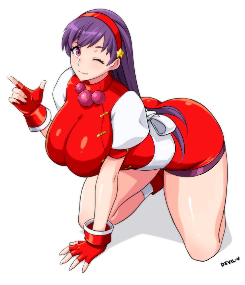 1girl all_fours asamiya_athena breasts butt_crack chinese_clothes curvy devil-v dress finger_gun gloves hairband happy large_breasts long_hair looking_at_viewer one_eye_closed psycho_soldier purple_hair red_dress red_gloves shorts smile snk solo the_king_of_fighters the_king_of_fighters_&#039;98 thick_thighs thighs wink