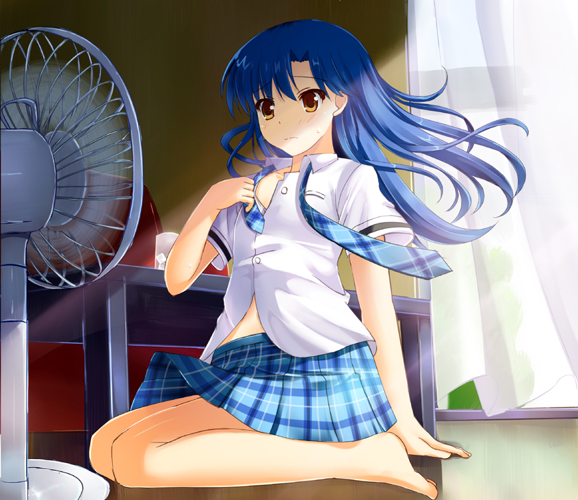 1girl barefoot blue_hair brown_eyes electric_fan female_focus idolmaster idolmaster_(classic) kisaragi_chihaya kneeling long_hair odaya odayan rough_time_school school_uniform solo