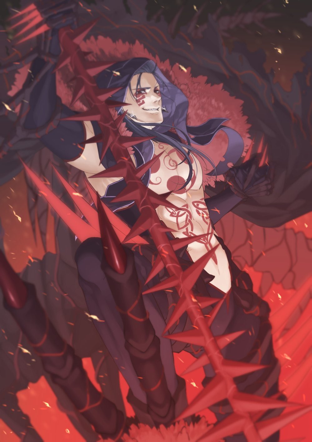 1boy blue_hair bodypaint cape closed_mouth cu_chulainn_(fate) cu_chulainn_(fate)_(all) cu_chulainn_(fate/stay_night) cu_chulainn_alter_(fate) cu_chulainn_alter_(fate/grand_order) cu_chulainn_alter_(third_ascension)_(fate) dark_blue_hair dark_persona earrings elbow_gloves facepaint fate/grand_order fate_(series) fire floating_cape floating_hair fur-trimmed_cape fur_trim gae_bolg_(fate) gloves grin highres holding holding_polearm holding_weapon hood hood_up incho_(hiwaintyo) jewelry knee_up lancer long_hair looking_at_viewer male_focus monster_boy muscular pants polearm ponytail red_eyes sharp_teeth skin_tight smile solo spikes tail teeth topless_male type-moon weapon