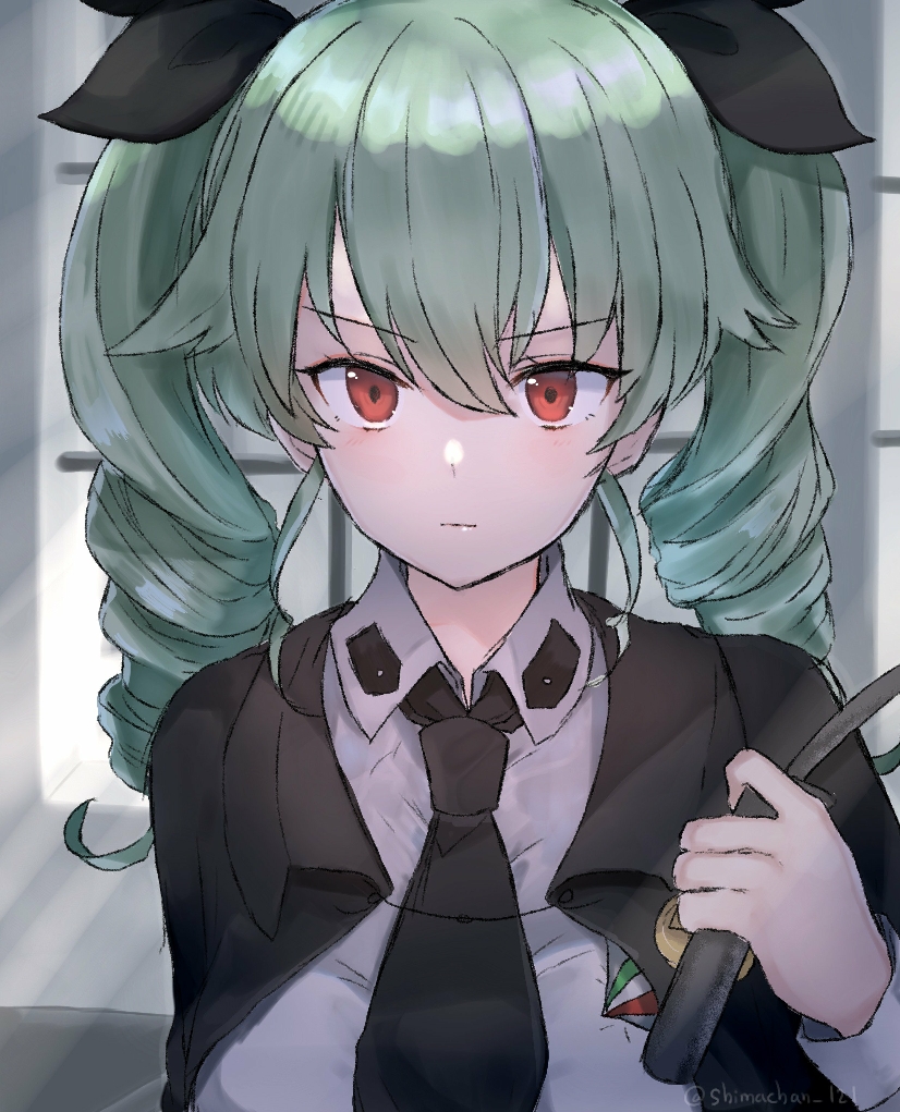 10s 1girl :| anchovy_(girls_und_panzer) backlighting bad_id bad_pixiv_id black_cape black_necktie black_ribbon blush cape closed_mouth collared_shirt day drill_hair female_focus girls_und_panzer green_hair hair_ribbon holding holding_riding_crop indoors light_rays long_hair long_sleeves necktie red_eyes ribbon riding_crop shirt solo sunbeam sunlight tsurime twin_drills twintails twitter_username v-shaped_eyebrows white_shirt window wing_collar yurumawari