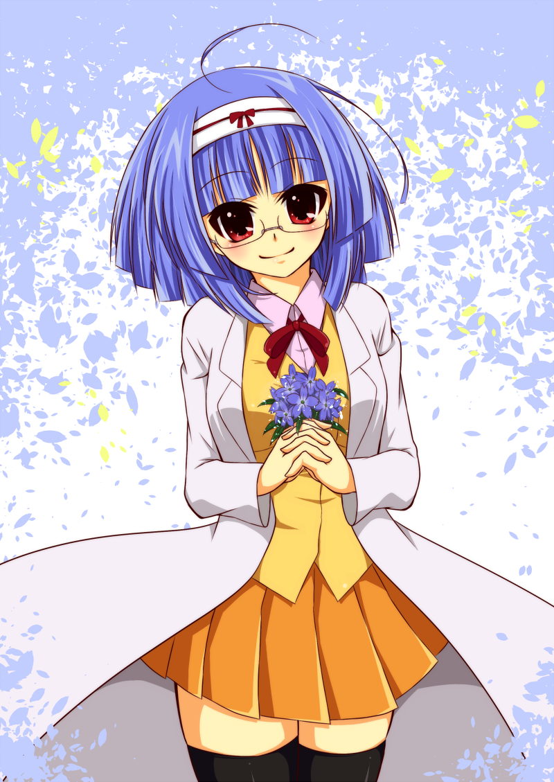 1girl black_thighhighs blue_hair commentary_request flower glasses hairband holding holding_flower jewelpet_(series) jewelpet_twinkle kanesada_ryo lab_coat orange_skirt pink_shirt red_eyes sara_(jewelpet_twinkle) school_uniform shirt short_hair skirt thighhighs vest white_hairband yellow_vest