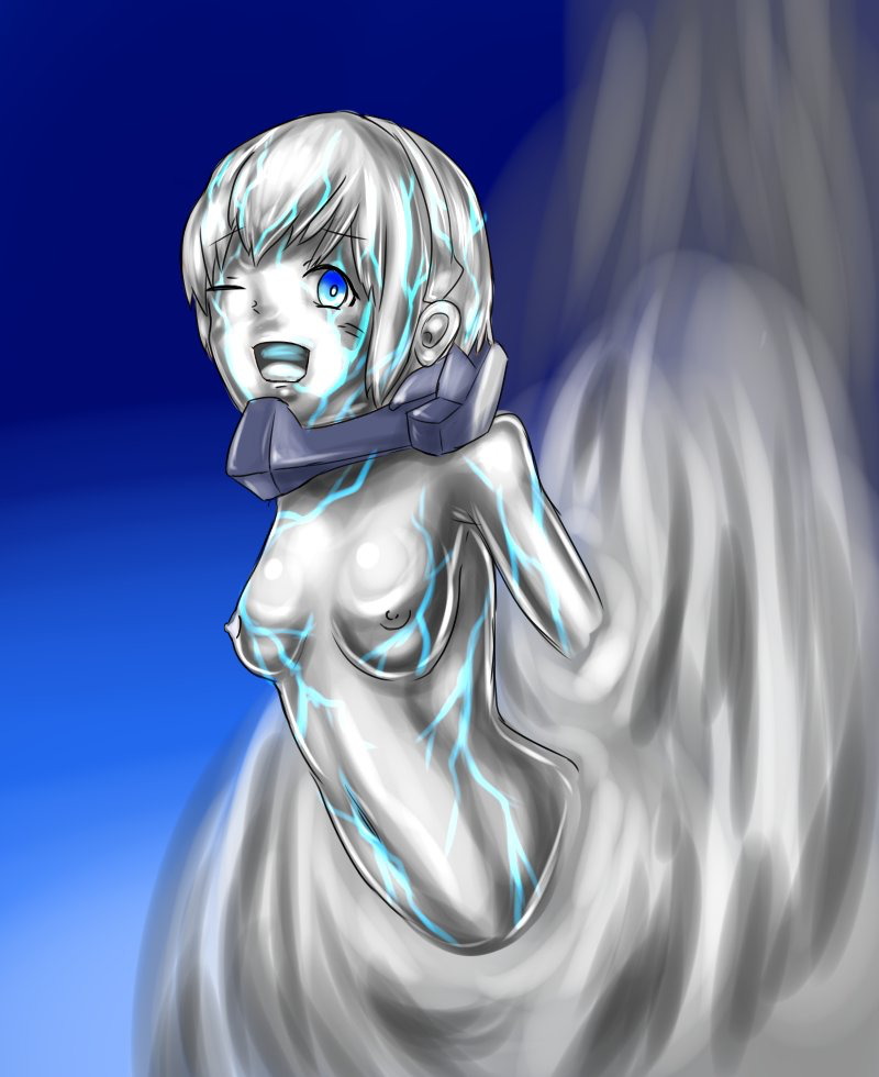 1girl aomatu_spaghe blue_background blue_eyes breasts drooling female_focus godzilla:_city_on_the_edge_of_battle godzilla:_planet_of_the_monsters godzilla:_the_planet_eater godzilla_(series) happy liquid_metal looking_at_viewer medium_breasts metal metal_breasts metal_girl metal_skin multicolored_background nanometal nipples nude one_eye_closed open_mouth polygon_pictures shiny_skin short_hair silver_hair solo solo_focus stuck tani_yuko third-party_edit toho transformation transformation