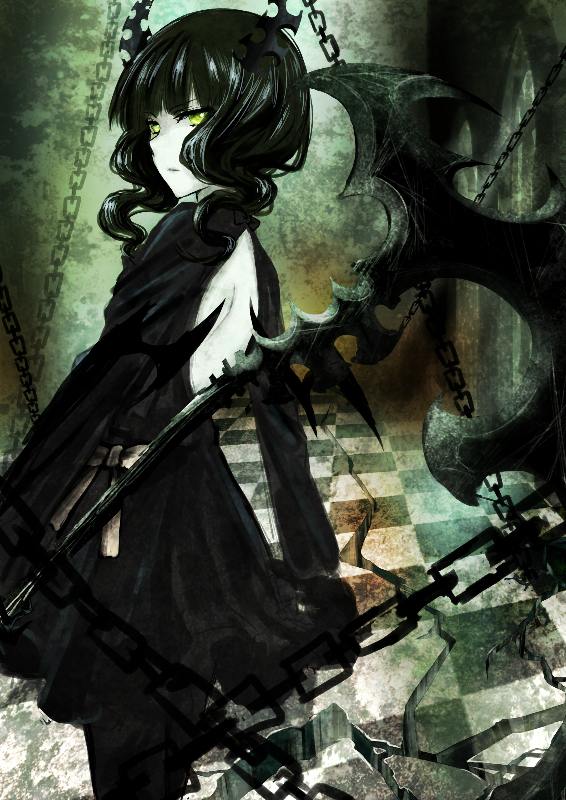 10s 1girl akano_sakura axe back backless_dress backless_outfit bare_back black_dress black_hair black_rock_shooter chain checkered_floor dead_master dress female_focus from_behind green_eyes holding holding_weapon horns long_hair looking_at_viewer looking_back pale_skin scythe solo weapon