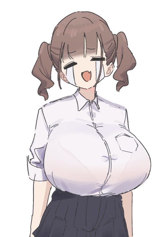 1girl :d =_= arms_at_sides black_skirt bra_visible_through_clothes breast_pocket breasts brown_hair collared_shirt crying dress_shirt fang furrowed_brow huge_breasts open_mouth original osakana_(kitasisn) pleated_skirt pocket shirt shirt_tucked_in short_twintails sidelocks simple_background skin_fang skirt sleeves_rolled_up smile solo streaming_tears tears twintail-chan_(osakana) twintails upper_body white_background white_shirt