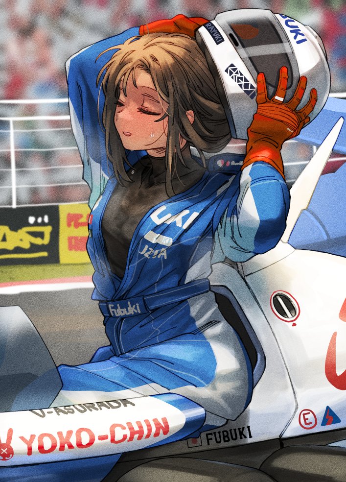 1girl black_hair brand_name_imitation car character_name closed_eyes clothes_writing ergot fubuki_(kancolle) future_gpx_cyber_formula gloves helmet holding holding_helmet kantai_collection long_sleeves motor_vehicle official_alternate_costume open_mouth race_vehicle racecar racing_suit red_gloves short_hair solo