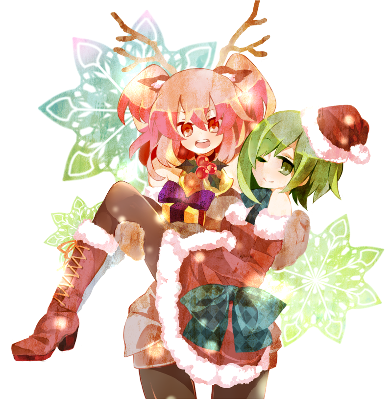 2girls animal_costume bare_shoulders bow carrying christmas dress fake_antlers female_focus green_eyes green_hair hat multiple_girls nekotya onozuka_komachi open_mouth pantyhose princess_carry red_eyes red_hair reindeer_costume santa_hat shiki_eiki smile touhou wink