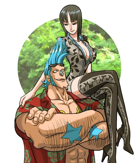 1boy 1girl black_hair blue_hair boots breasts cleavage cyborg franky_(one_piece) high_heel_boots high_heels nico_robin one_piece shoes shoulder_perch sitting thigh_boots thighhighs