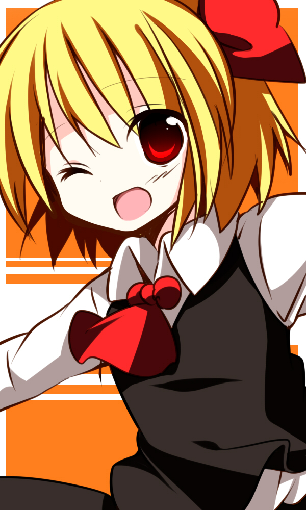 1girl ascot blonde_hair embodiment_of_scarlet_devil female_focus hair_ribbon horon one_eye_closed open_mouth outstretched_arms red_eyes ribbon rumia short_hair solo spread_arms touhou wink