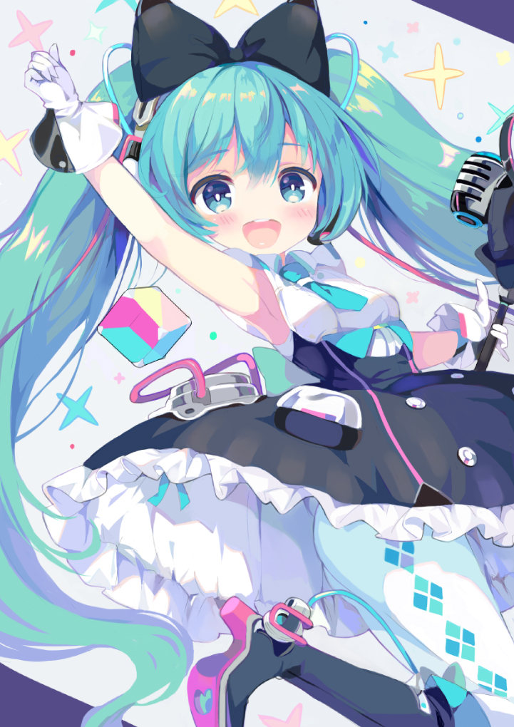 1girl aqua_eyes aqua_hair aqua_necktie armpits black_bow black_dress blush boots bow commentary dress hair_bow hatsune_miku high_heel_boots high_heels long_hair magical_mirai_(vocaloid) magical_mirai_miku magical_mirai_miku_(2016) microphone necktie open_mouth small_hands smile solo somjeu twintails very_long_hair vocaloid