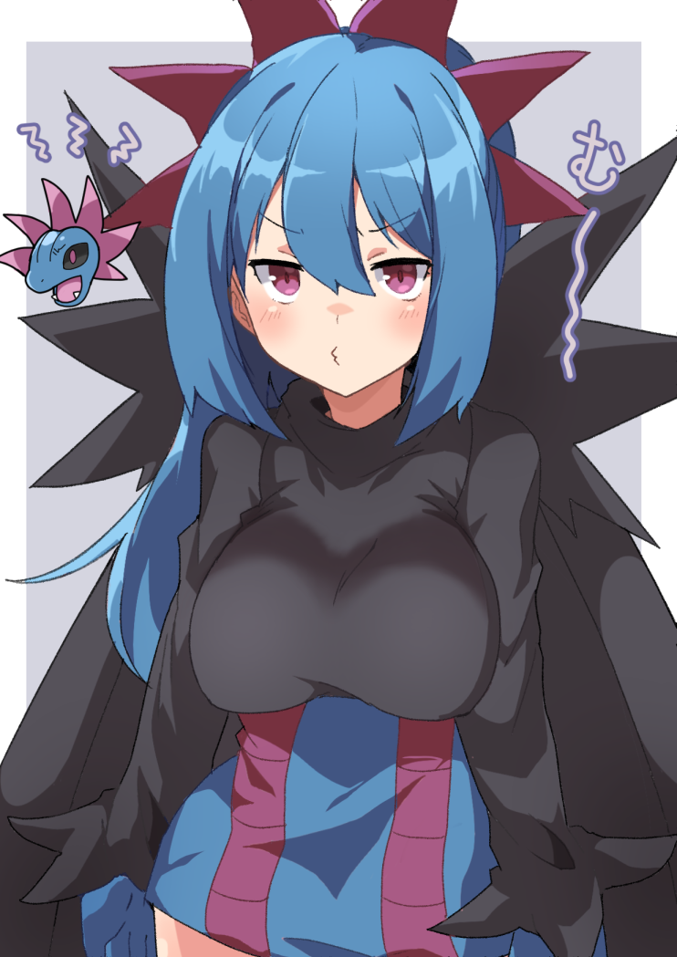 1girl blue_gloves blue_hair blush breasts closed_mouth commentary_request creatures_(company) eyelashes game_freak gen_5_pokemon gloves hair_between_eyes hydreigon long_hair long_sleeves looking_at_viewer maks_(makusu_210) nintendo o3o personification pokemon pout purple_eyes