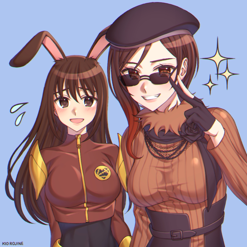 2girls adjusting_eyewear animal_ears armor belt belt_buckle beret black_headwear bodysuit breasts brown_bodysuit brown_eyes brown_hair brown_sweater buckle cfvy coco_adel colored_tips fur_scarf hand_on_eyewear hand_up hat jewelry kio_rojine blue_background long_hair medium_breasts medium_hair multicolored_hair multiple_girls necklace open_mouth parted_lips rabbit_ears rabbit_girl rwby scarf shoulder_armor shy signature simple_background smile sparkle sunglasses sweat sweatdrop sweater teeth upper_body v velvet_scarlatina zipper zipper_pull_tab