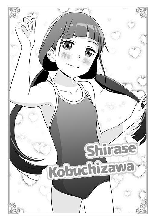 1girl blush character_name commentary_request flat_chest greyscale heart hiyori_mizuki kobuchizawa_shirase long_hair looking_at_viewer monochrome one-piece_swimsuit school_swimsuit smile solo sora_yori_mo_tooi_basho swimsuit twintails