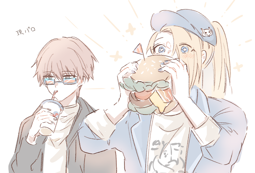 2boys alternate_costume asymmetrical_bangs black_nails blonde_hair blue_eyes blue_nails burger cup deidara_(naruto) drinking_straw eating eyes_visible_through_hair food hair_over_one_eye hat high_ponytail holding holding_burger holding_cup holding_food jacket long_hair m11080505 male_focus multiple_boys naruto_(series) naruto_shippuuden red_hair sasori_(naruto) short_hair sketch star_(symbol) sunglasses