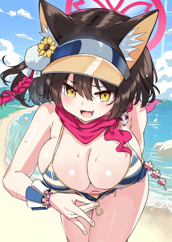 1girl animal_ears beach bent_over bikini blue_archive breasts brown_hair fang adversarial_noise halo izuna_(blue_archive) izuna_(swimsuit)_(blue_archive) large_breasts looking_at_viewer navel open_mouth outdoors red_scarf scarf short_hair short_shorts shorts skin_fang solo striped_bikini striped_clothes sweat swimsuit takimoto_yukari visor_cap yellow_eyes