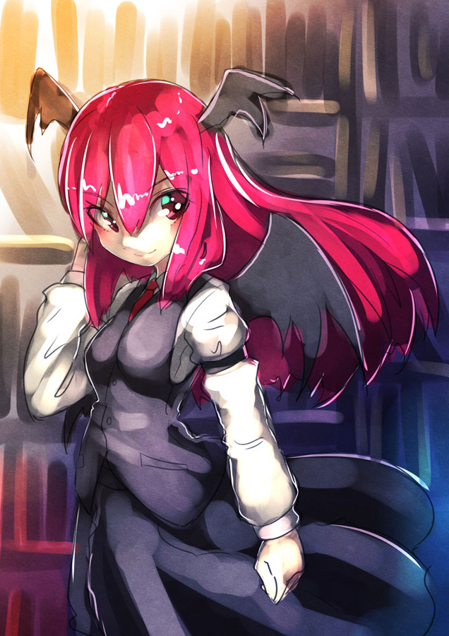 1girl bat_wings blush dress_shirt female_focus hashiro head_wings koakuma long_hair necktie red_eyes red_hair shirt skirt skirt_set smile solo touhou vest wings