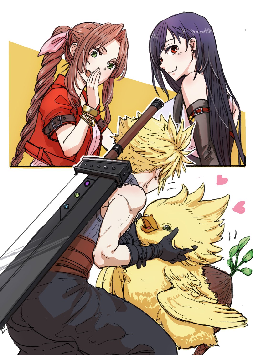 1boy 2girls aerith_gainsborough baggy_pants bangle bare_shoulders belt bird black_bra black_gloves black_hair blonde_hair blue_pants blue_shirt border bra bracelet breasts brown_belt brown_hair buster_sword chick chocobo cloud_strife cropped_jacket dress elbow_gloves final_fantasy final_fantasy_vii final_fantasy_vii_rebirth final_fantasy_vii_remake gloves green_eyes hair_ribbon hand_to_own_mouth hands_on_another&#039;s_cheeks hands_on_another&#039;s_face highres jacket jewelry large_breasts light_blush long_hair looking_at_another medium_breasts multiple_belts multiple_girls open_mouth pants parted_bangs pink_dress pink_ribbon puffy_short_sleeves puffy_sleeves red_eyes red_jacket ribbon shirt short_hair short_sleeves sidelocks single_bare_shoulder sleeveless sleeveless_turtleneck smile spiked_hair sports_bra squatting suspenders tifa_lockhart turtleneck underwear weapon weapon_on_back white_border white_shirt youne_(youneko)