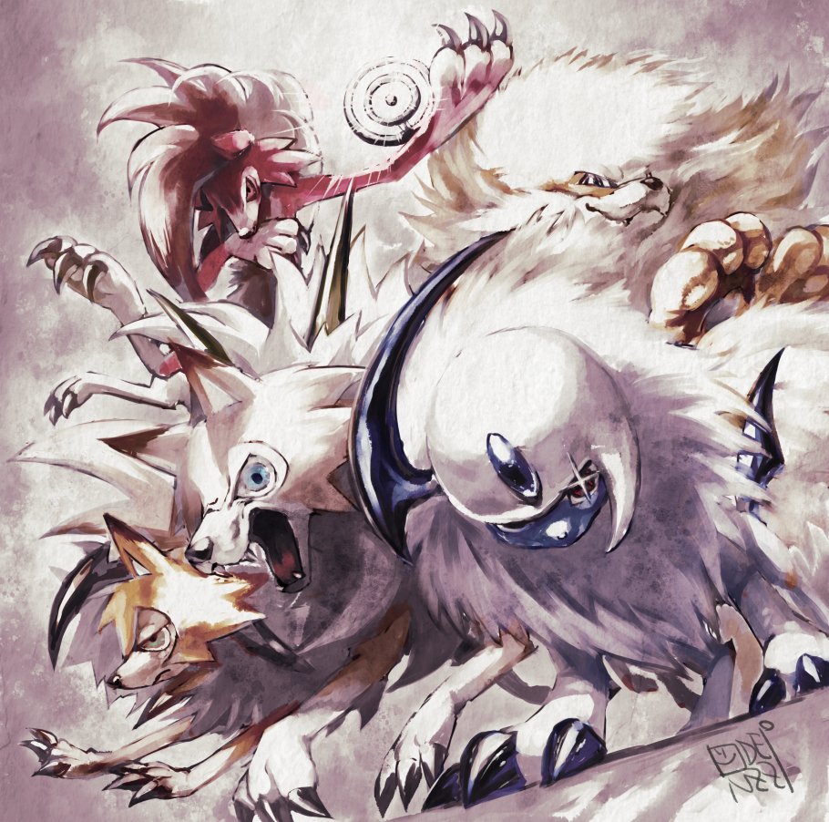 absol arcanine artist_name body_fur brown_fur creatures_(company) fangs game_freak gen_1_pokemon gen_2_pokemon gen_3_pokemon gen_7_pokemon glint lycanroc lycanroc_(dusk) lycanroc_(midday) lycanroc_(midnight) nintendo no_humans oden_(odenzzi) pokemon pokemon_(creature) red_fur unown unown_o white_fur wolf