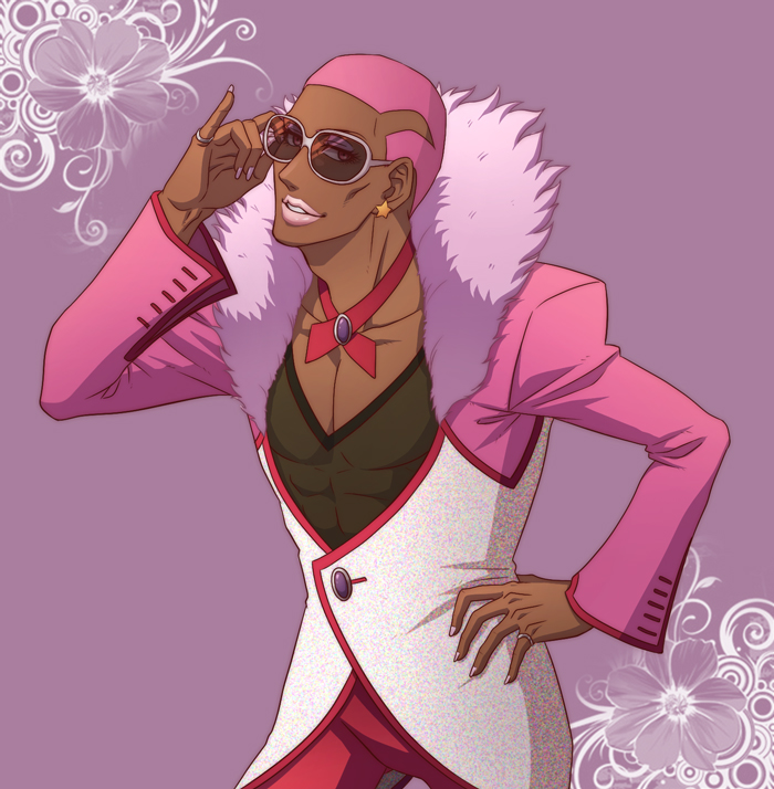 10s 1boy dark-skinned_male dark_skin earrings fingernails jewelry lunarclinic male_focus nathan_seymour pink_eyes pink_hair purple_background short_hair simple_background solo sunglasses tiger_&amp;_bunny